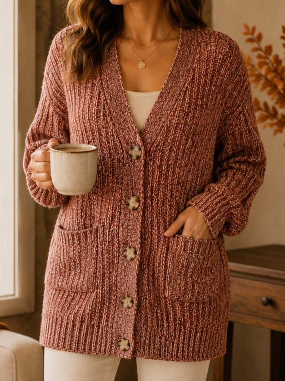 CAbi Twist Yarn Cable Knit Cardigan Brick Red Marled Sweater Medium